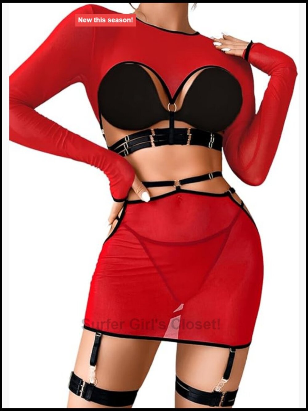 Sheer Mesh Strappy Lingerie Set with Skirt, Thigh Straps, Long Sleeve Shrug for
